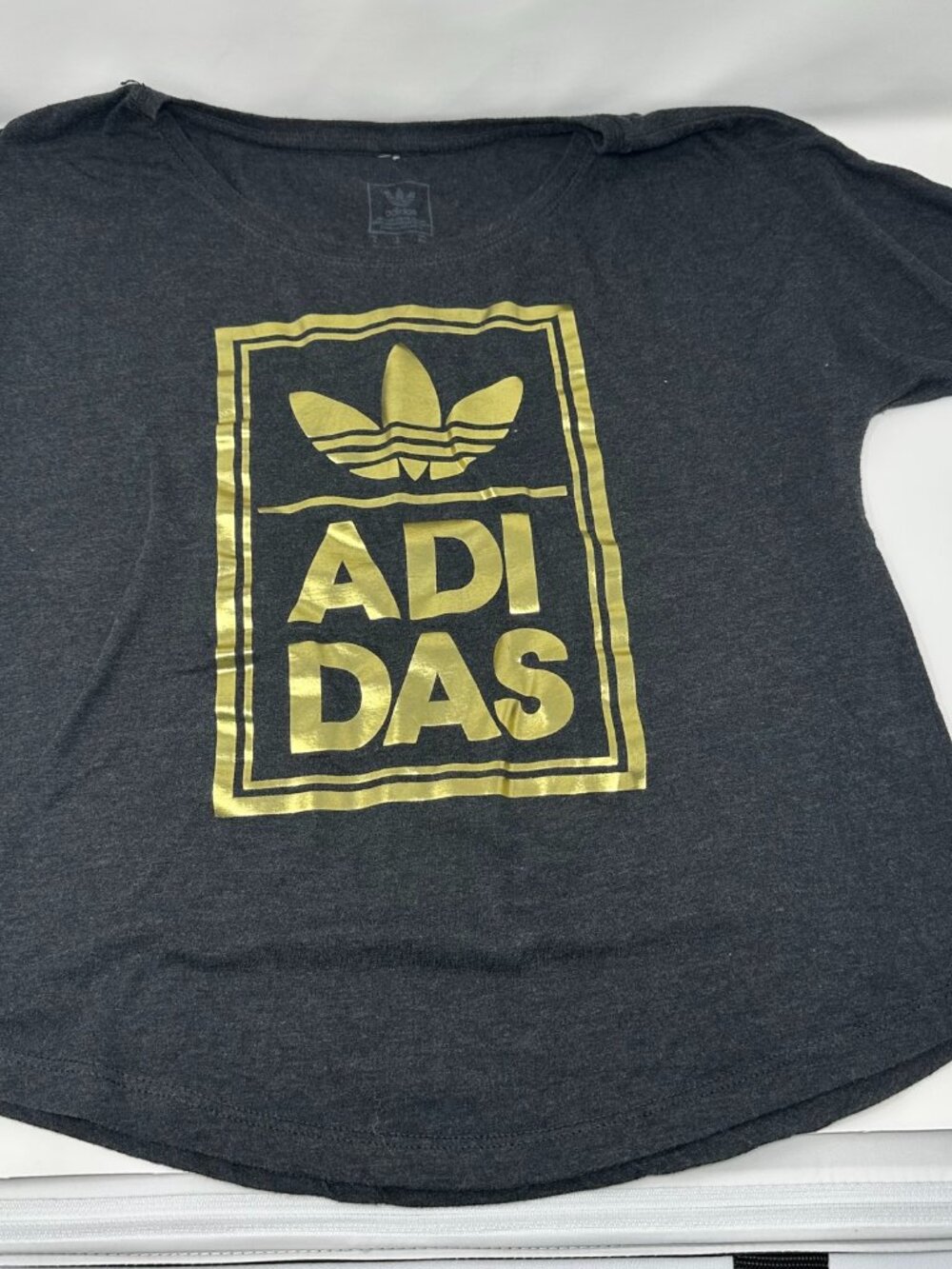 GUC Adidas Women’s Gray Graphic Gold Logo Short Sleeve Shirt, Size: S Small